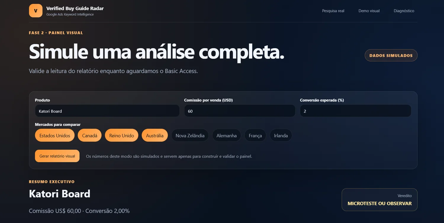 Verified Buy Guide Radar prototype showing product inputs and executive metrics